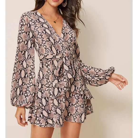 Snakeskin Print Long Sleeve Self Tie Swing Dress - Picture 3 of 6
